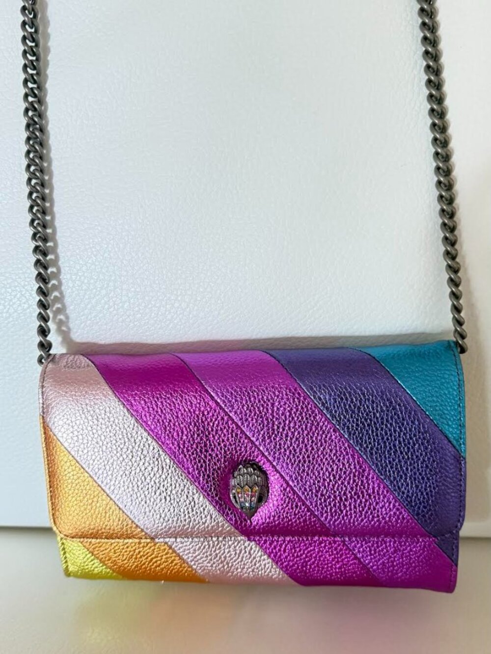 NWT KURT GEIGER K STRIPE METALLIC RAINBOW LEATHER CHAIN WALLET CROSSBODY BAG
